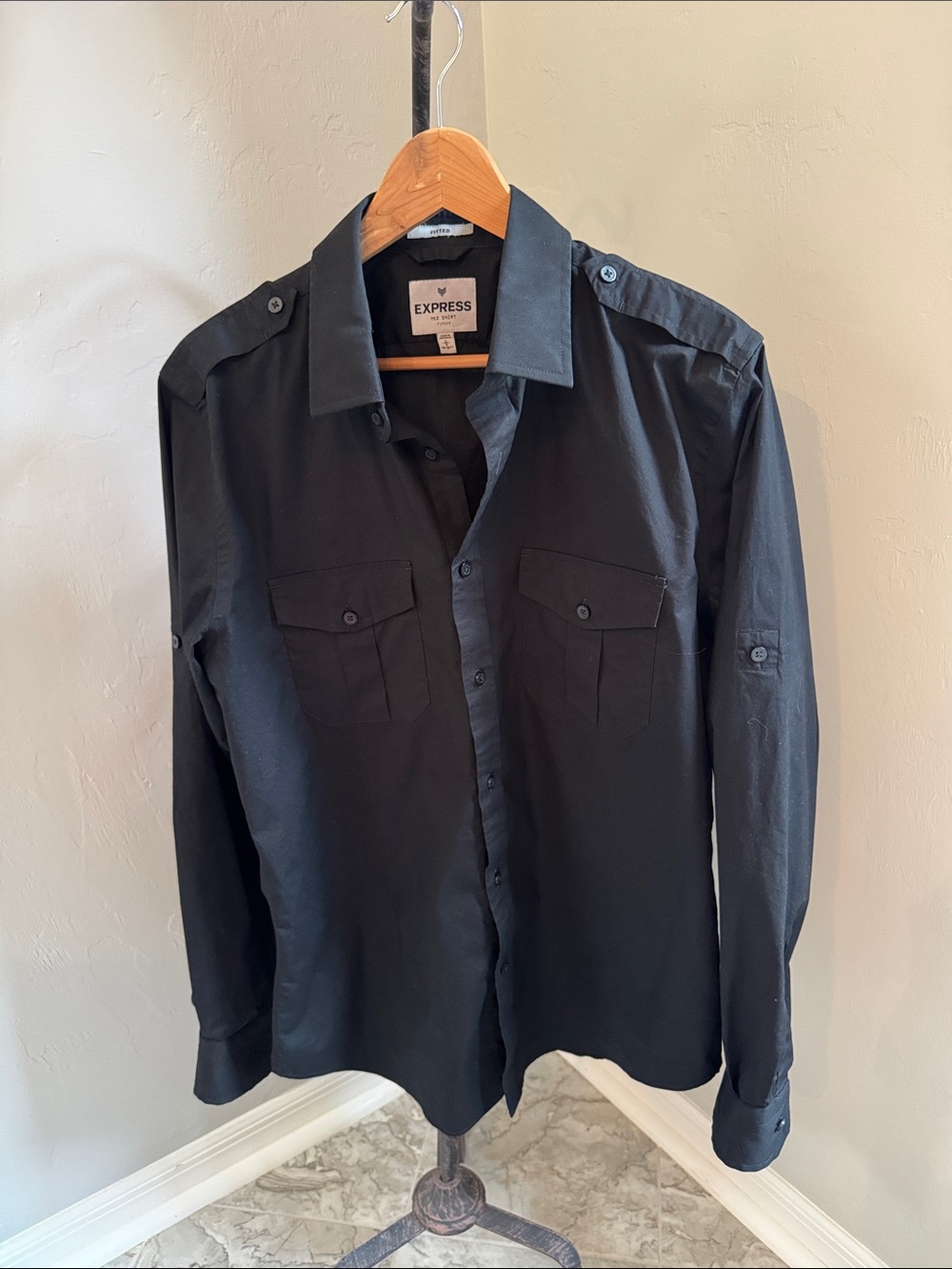Express Men's Fitted MK2 Black Utility Button-Down Shirt